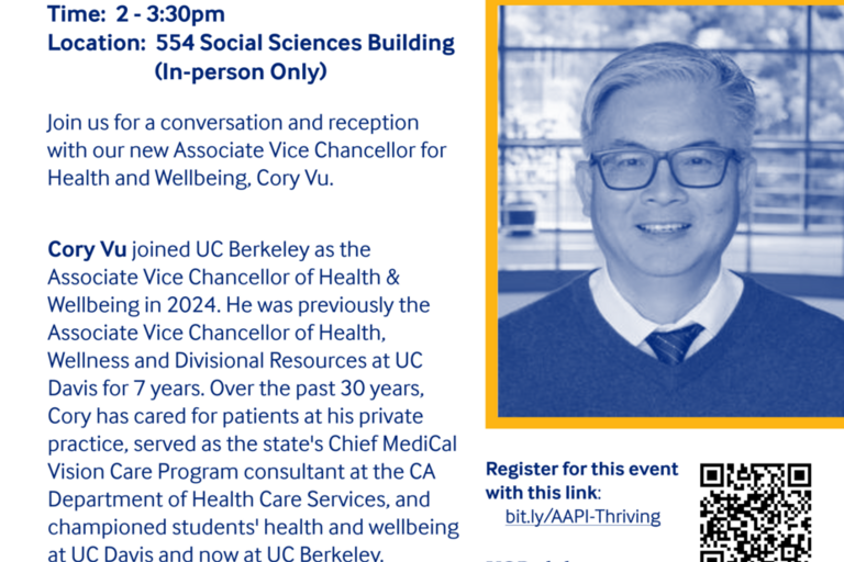 Flyer for Fireside Chat with AVC of Health and Wellbeing Cory Vu