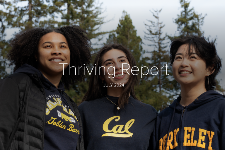 Cover for the Thriving Report with three students looking in the distance on Sproul Plaza