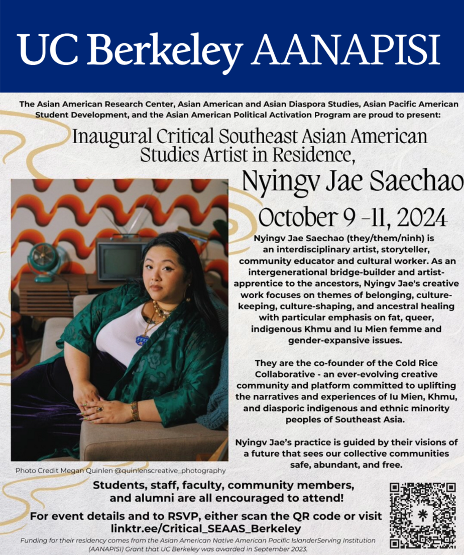 Image 1. A flyer with a photo of Nyingv Jae sitting with a tv and orange decorated wall behind them. Text reads " The Asian American Research Center, Asian American and Asian Diaspora Studies, Asian Pacific American Student Development, and the Asian Amer